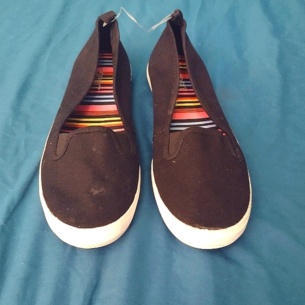 Spirit Women's Black Stretch Canvas Slide On Shoes with White Rubber Soles Sz.8M